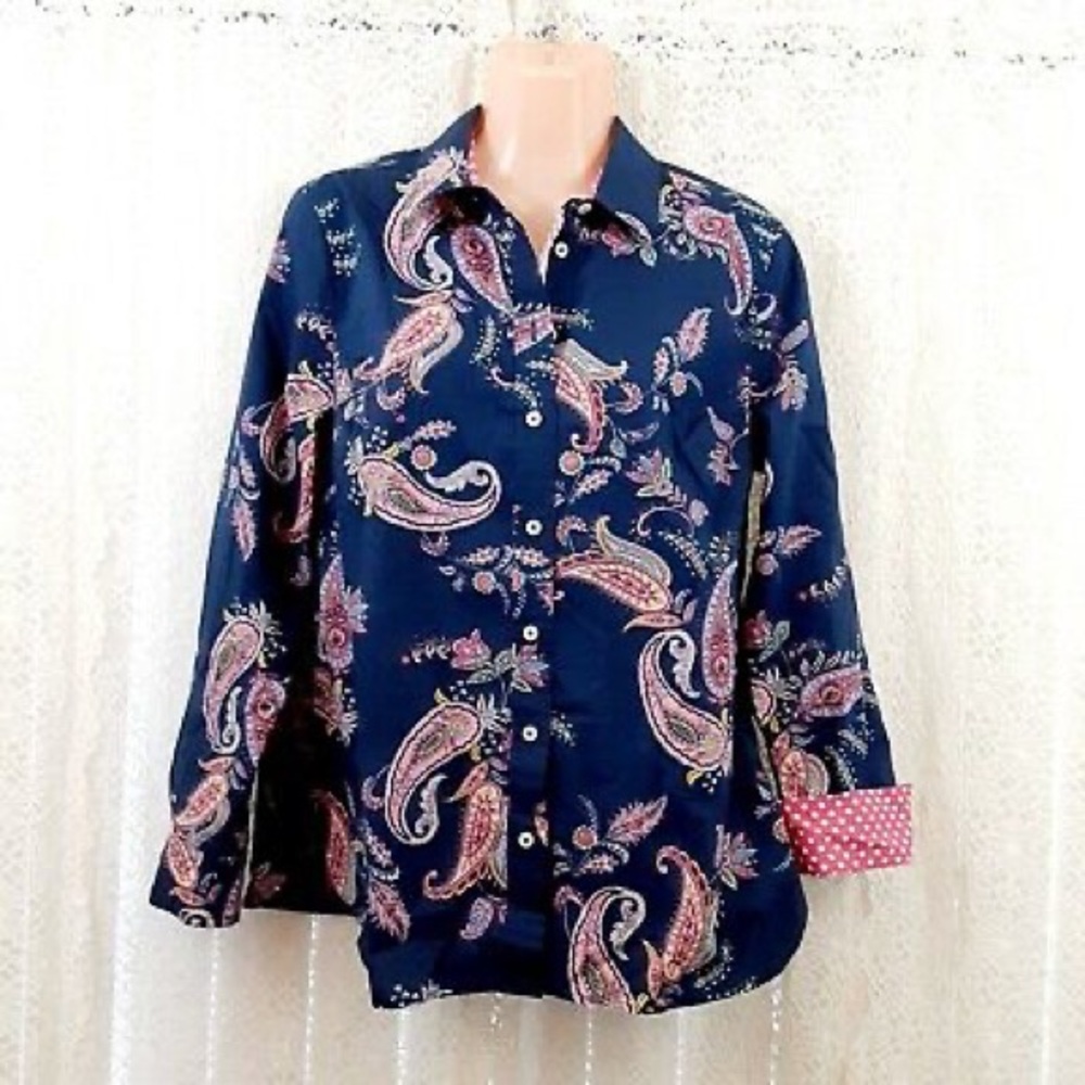 Talbots Womens Top Blouse Shirt Button Collared Paisley Blue Multi Printed